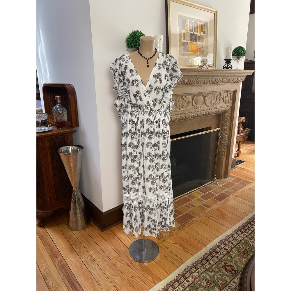 J GEE Women White Black Floral Ruffle Sleeve Smocked Maxi Dress Size 2X